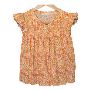 Rose & Olive Babydoll Top Womens Large Orange Floral Print Bloomcore Cottagecore